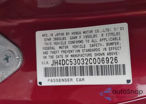 2002 Acura Rsx Type S z USA, uszkodzony, nr VIN JH4DC53032C006926